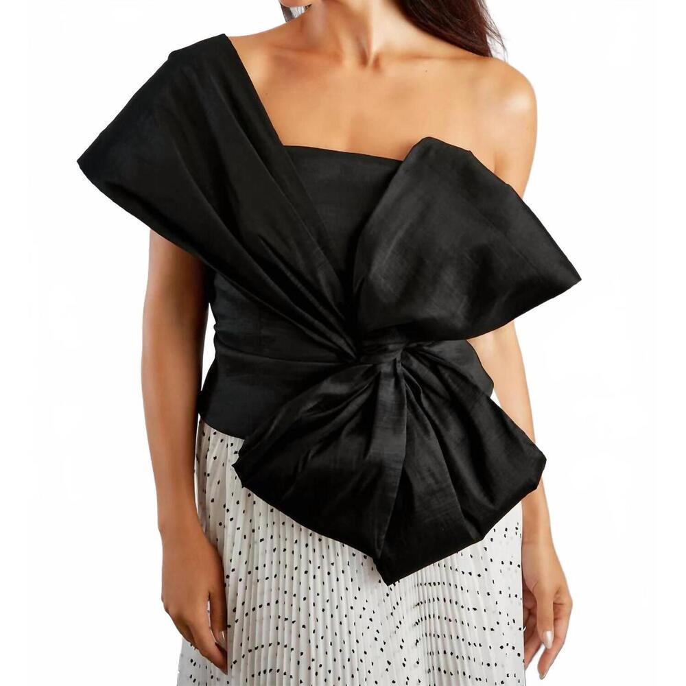NEW MAGGY LONDON one shoulder asymmetrical bow top in black